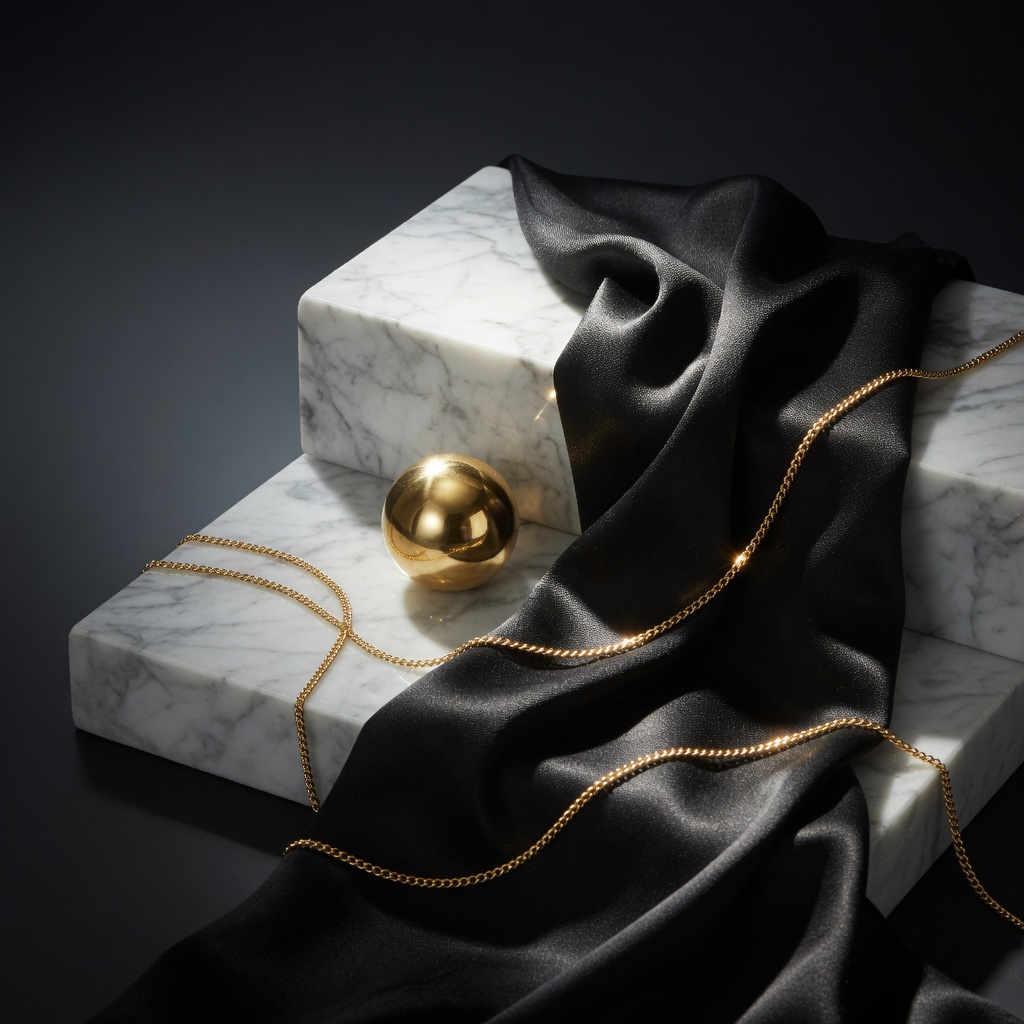 Black silk, Carrara marble, and a brass sphere under jewelry lighting.