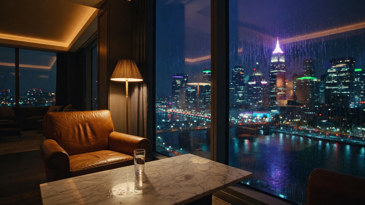 Night room with a leather armchair and the city raining beyond the glass.