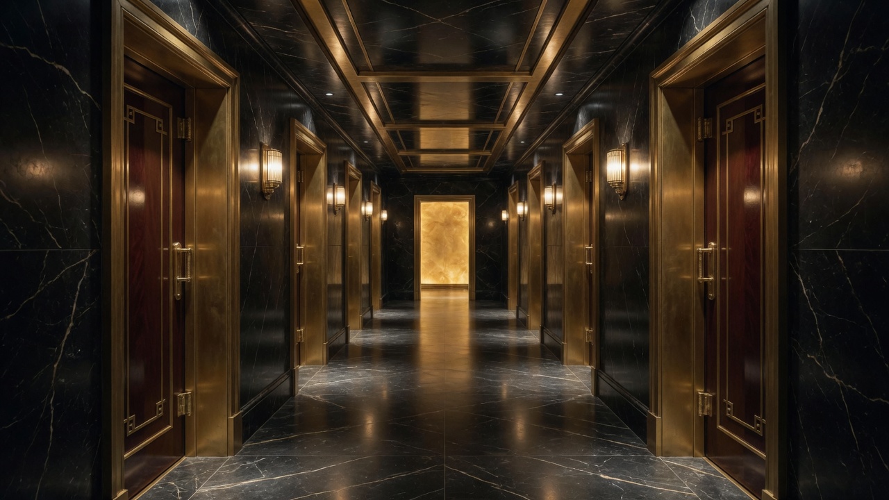 Black marble corridor with brass doors leading toward a gold light.