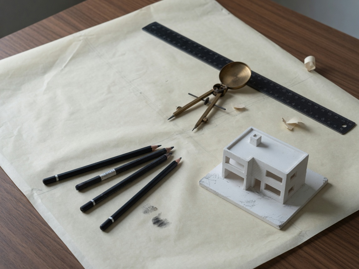 Architecture table with tracing paper, ruler, compass, and a plaster model.