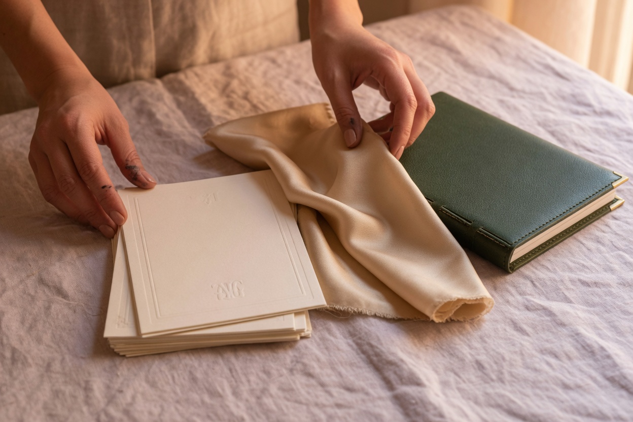 Hands arranging stationery, silk, and a leather notebook on linen.