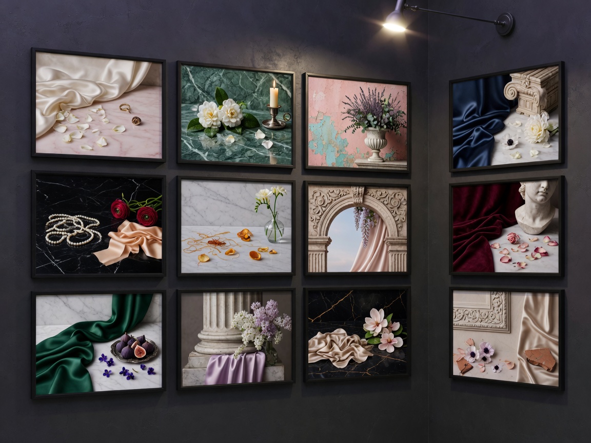 Gallery wall with a grid of fine-art photographs in black frames.
