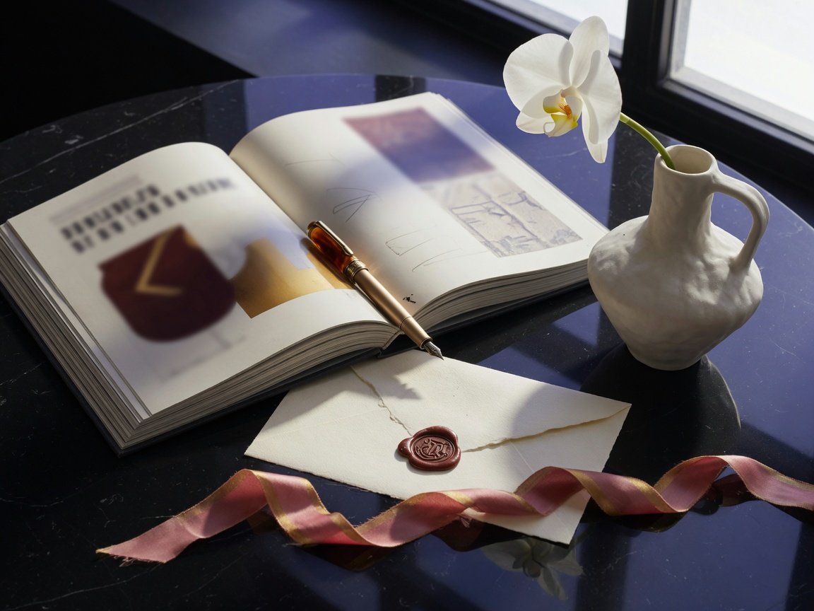 Open brand book beside an orchid, a gold pen, and a sealed envelope.