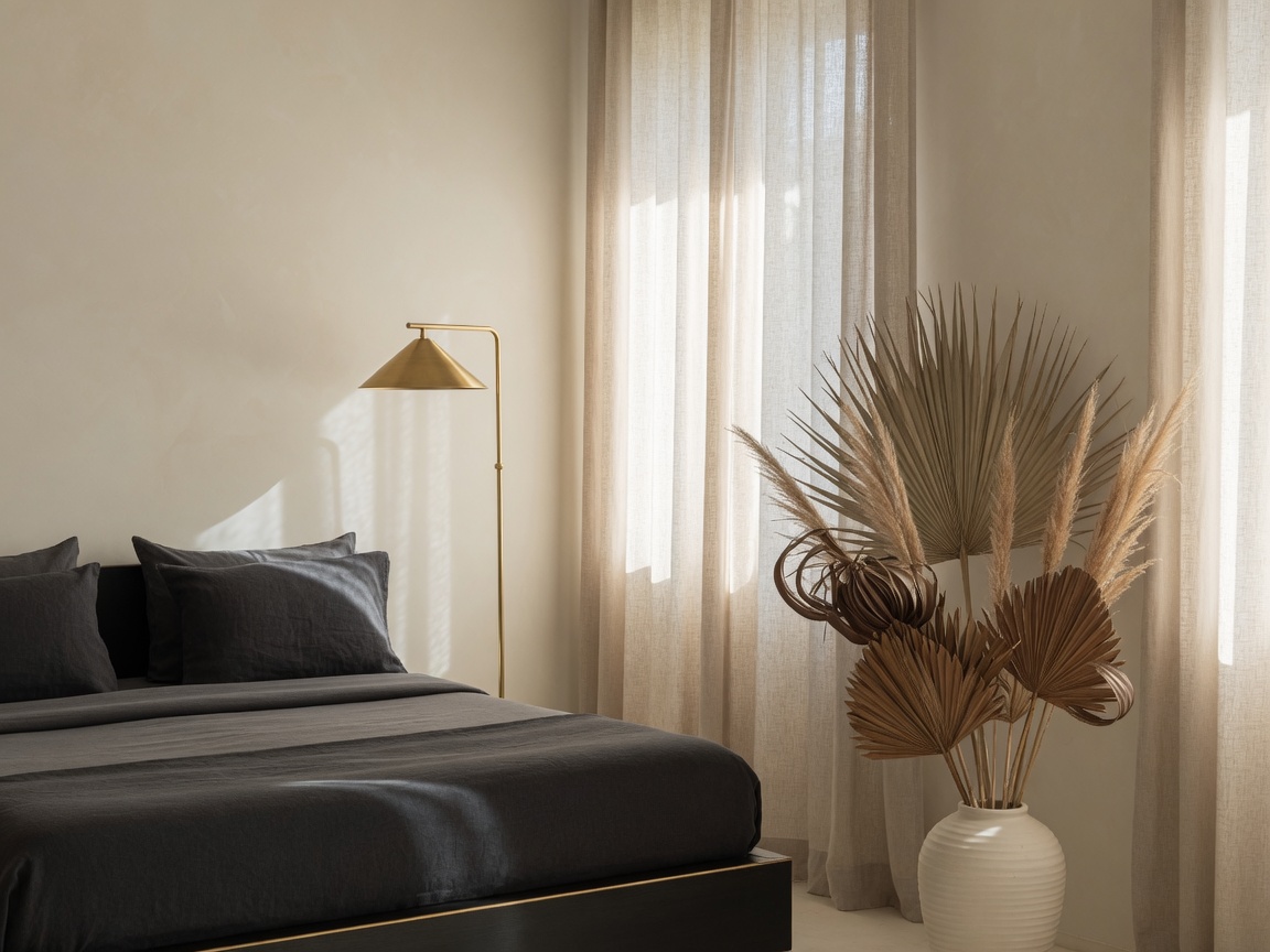 Boutique hotel suite with charcoal linen, a brass lamp, and morning light.