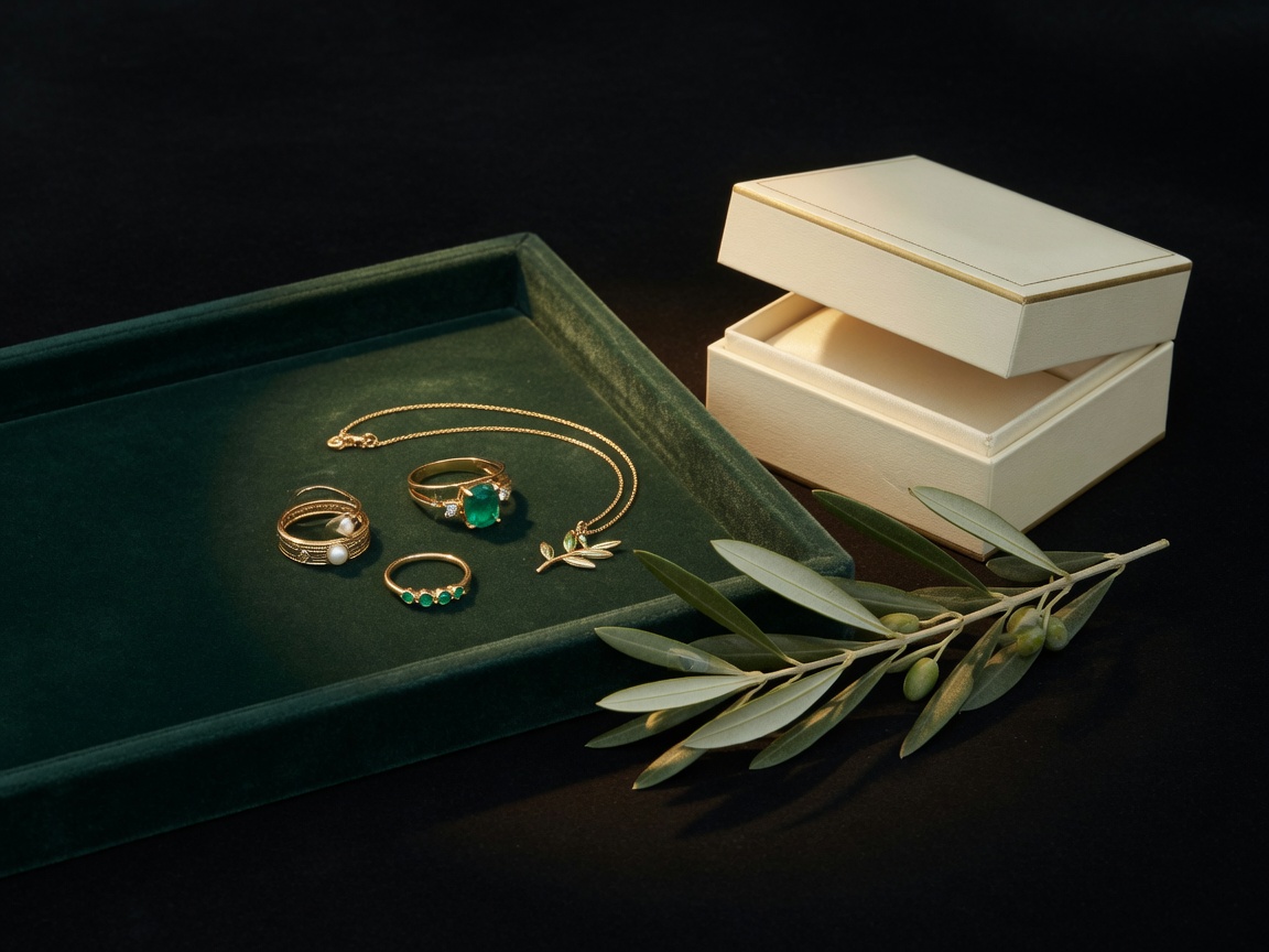 Green velvet tray with gold rings and an olive branch.